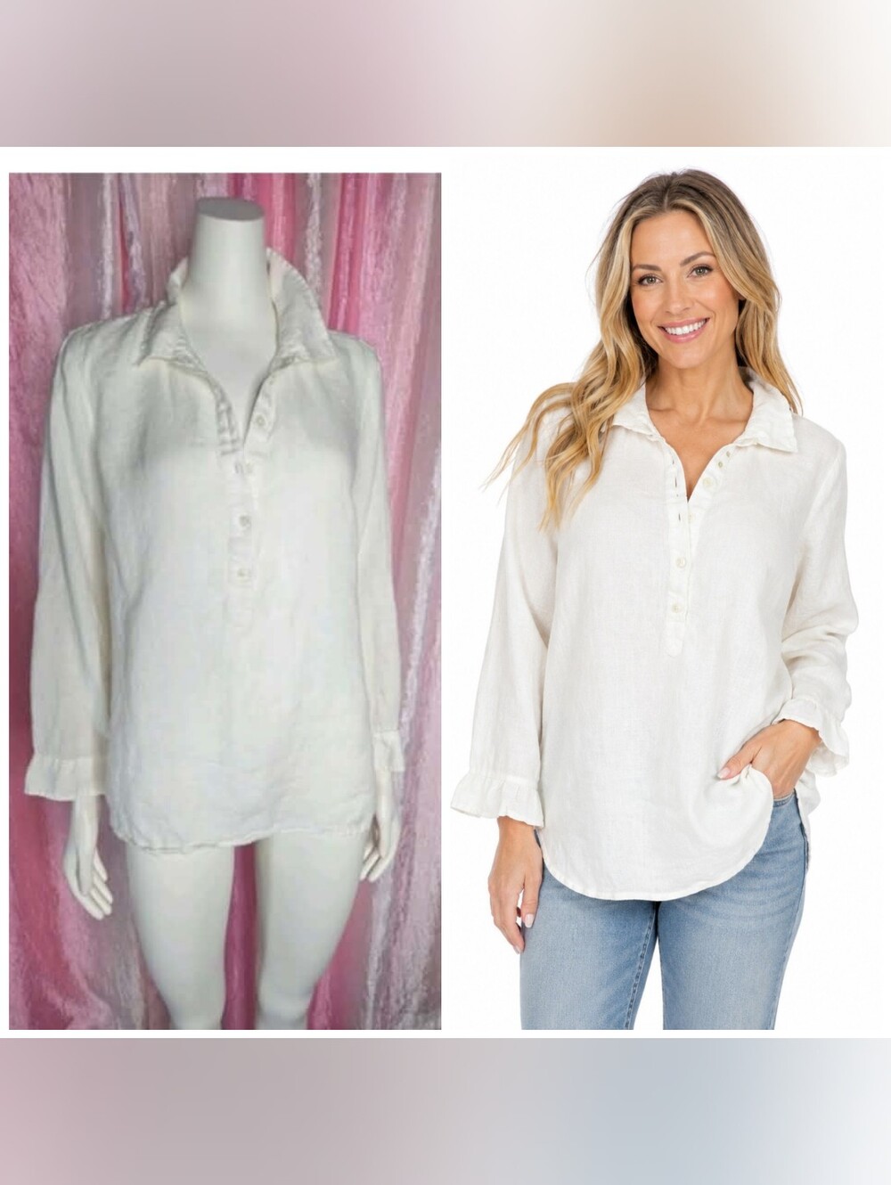 Talbots Ivory 100% Linen Casual Tunic Blouse Size Large Petite